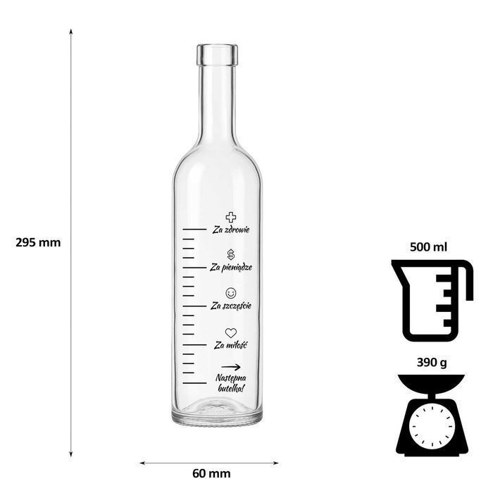 5x butelka FUTURA 500 z korkiem z nadrukiem MIARKA
