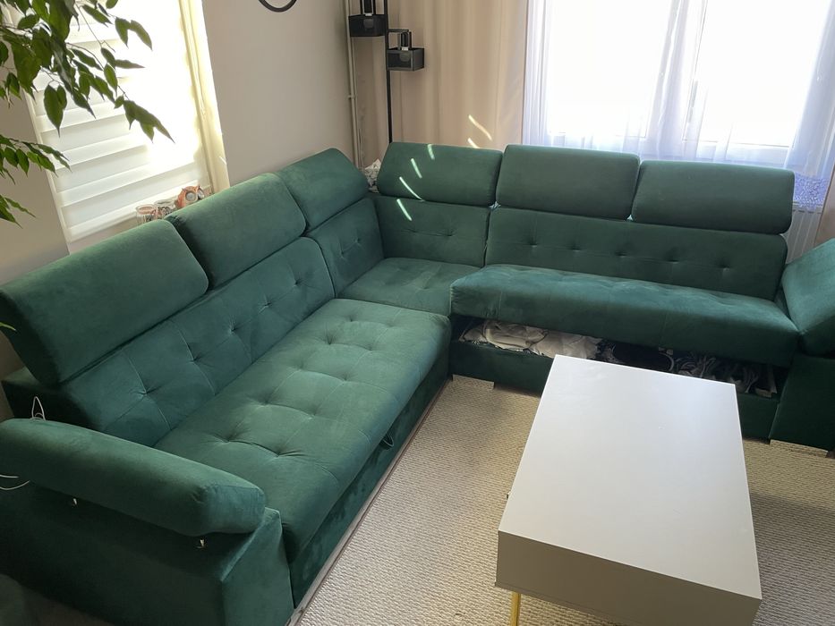 Narożnik duży Aslan, butelkowa zieleń, f. spania, ruchome zagłówki :)