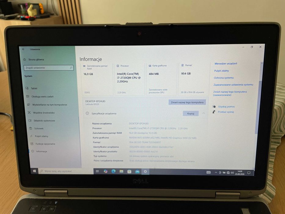 Laptop Dell Latitude 6520, Windows 10, 16GB RAM, 1TB Pamięć ROM, procesor Intel i7, z zasilaczem sprawny!