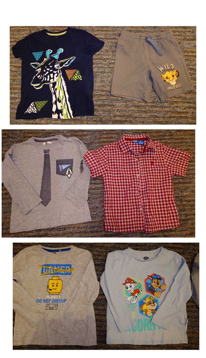 104/110: 3 x bluzka z dł. ręk., koszula, podkoszulek, krótkie spodenki