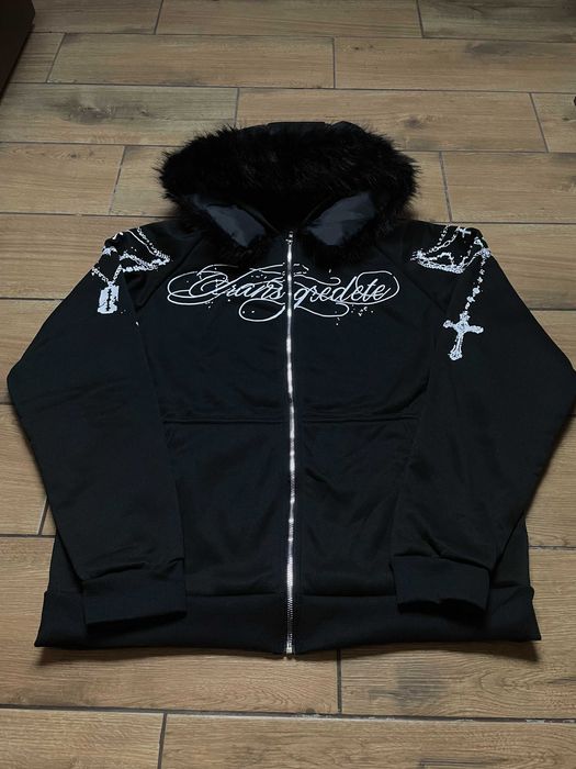 Black Chains Print Fur Hood Zip Hoodie L