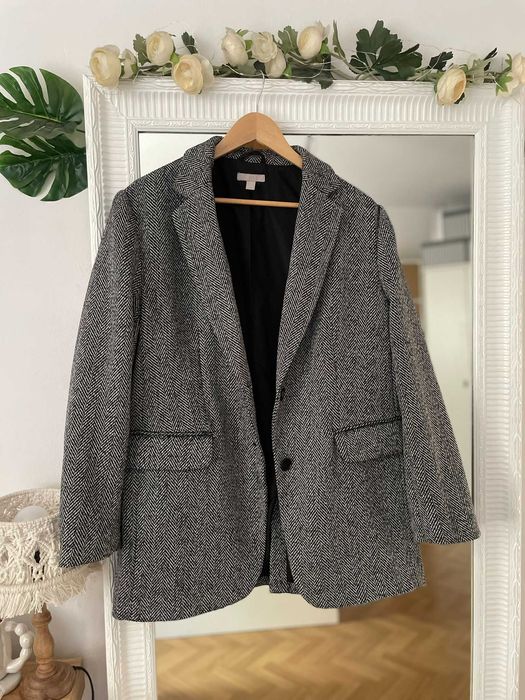 H&M marynarka szara jodełka oversize jednorzędowa wełna wool M 38