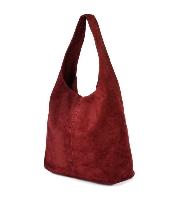 Bordowa Włoska Torebka worek Skórzana zamsz Naturalny