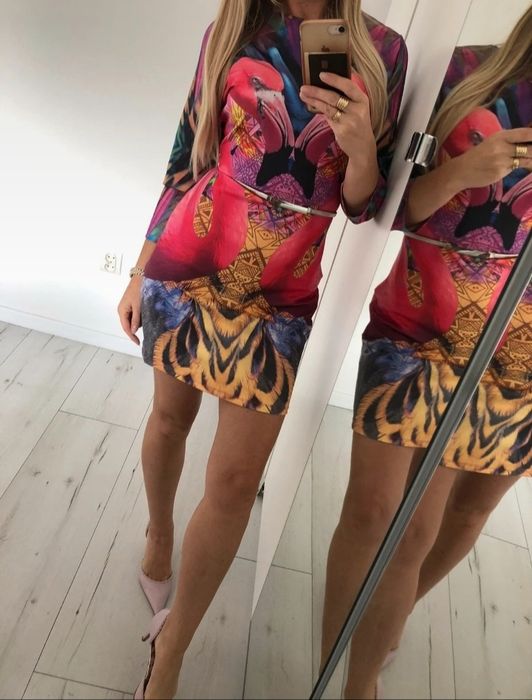 Kolorowa modna sukienka River Island  38/40 wzory flamingi