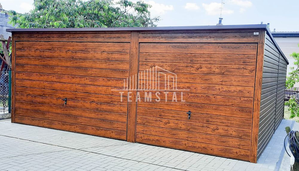 GARAŻ BLASZANY 6m x 6m - spad tył - 2x Brama ciemny orzech TS276