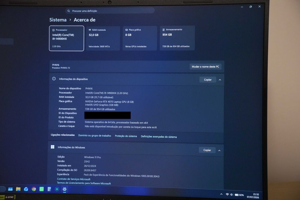 Portátil Gaming ACER com I9 Ultra, NVIDIA RTX 4070, 32GB de RAM e 1 TB