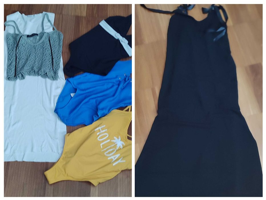 Roupa de senhora diversa, calças, macacões, t-shirts, casacos, fatos de banho