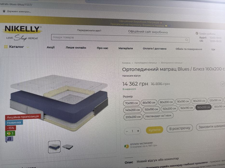 Матрас Nikelly новий 2.0 х 1.6 м