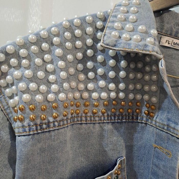 Piękna Miękka Błękitna Katana Kurtka Jeansowa Cyrkonie Perły M/L