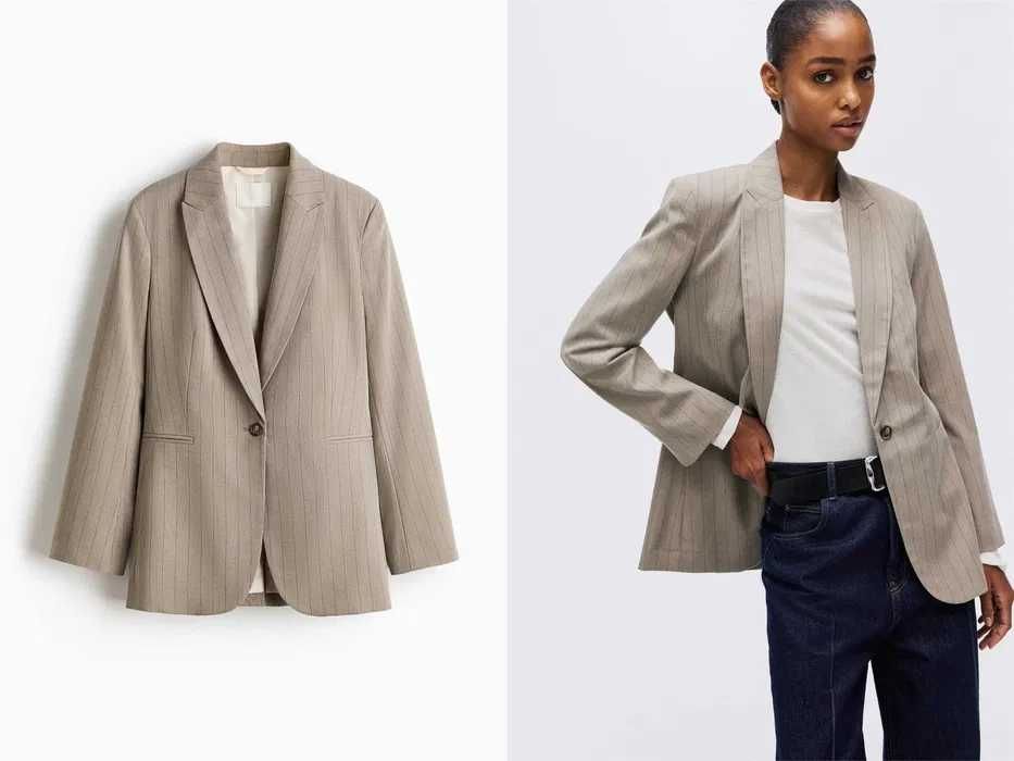 Marynarka M nowa kolekcja jednorzędowa beżowy prążek PROMOCJA żakiet