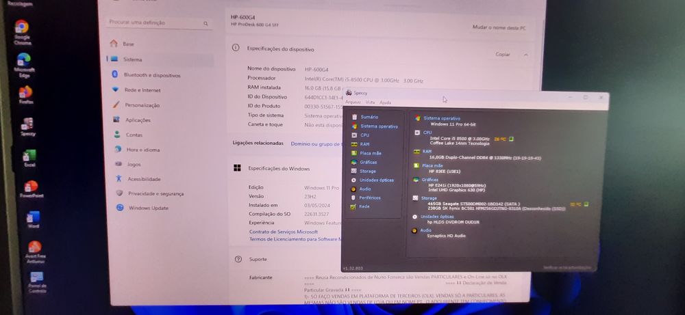 Pç HP 600G4 8ªG|i5.8500-4.0G|16G|NVMe.256G+HDD500G|Wifi+BT|VGA/DP|W11