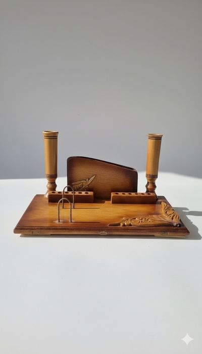 Винтажный настольный письменный прибор, дерево, резьба (33х19 см)
​Опи