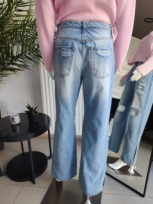 Jeansy Wide Leg z przetarciami - niebieski S