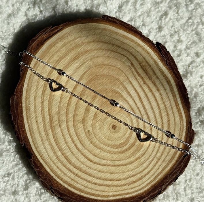 Подвійний срібний браслет з кульками та сердцями 925 проби