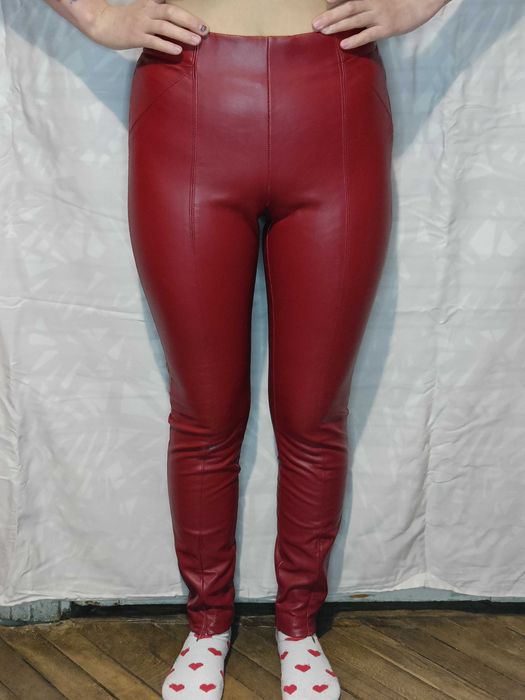 Кожаные штаны ZARA женские, красные, экокожа, размер XS