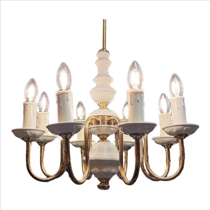 Żyrandol ośmioramienny Polam Poznań 13Z438, świeczki, porcelana /PRL