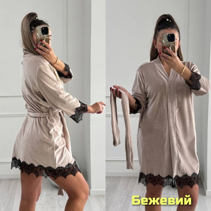 ‼️ Велюровий халат з мереживом. ОПТ та роздріб. Розм:42-44,46-48,50-52,54-56