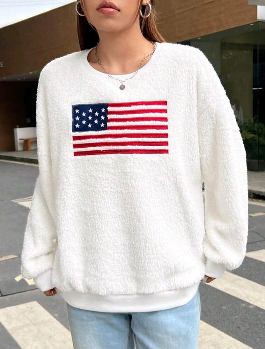 SHEIN EZwear Bordado De Bandeira Ombro Caído Lã Moletom