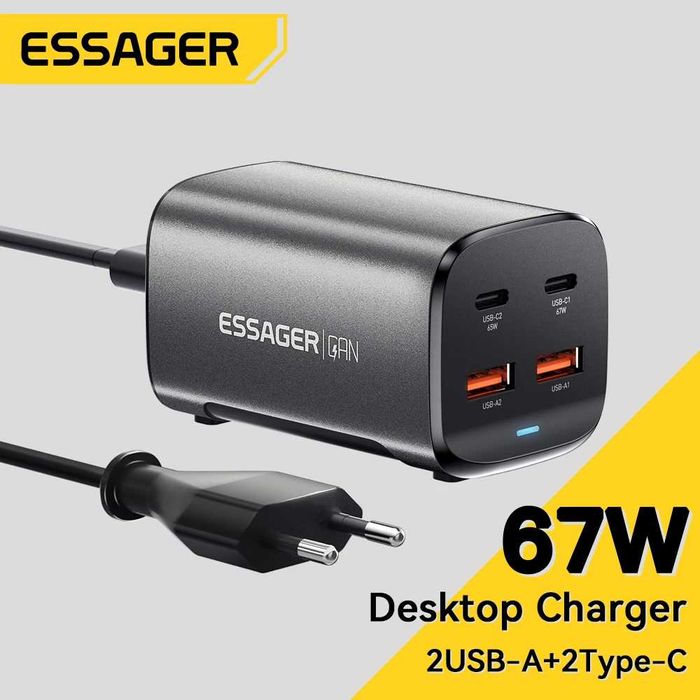 ЗАРЯДКА для Ноутбука. Телефона. Essager 67W 2USB+2Type-C+Кабель100WLed
