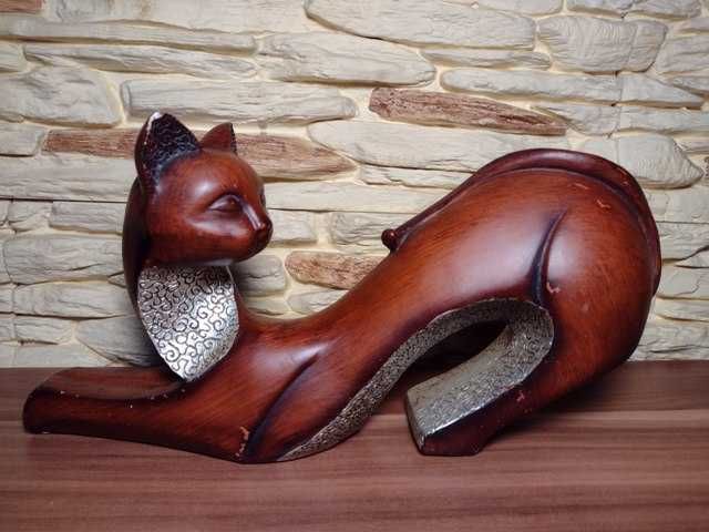 *_* Rzeźba sfinksy 2 koty drewno dębowe, srebrne akcenty figurek