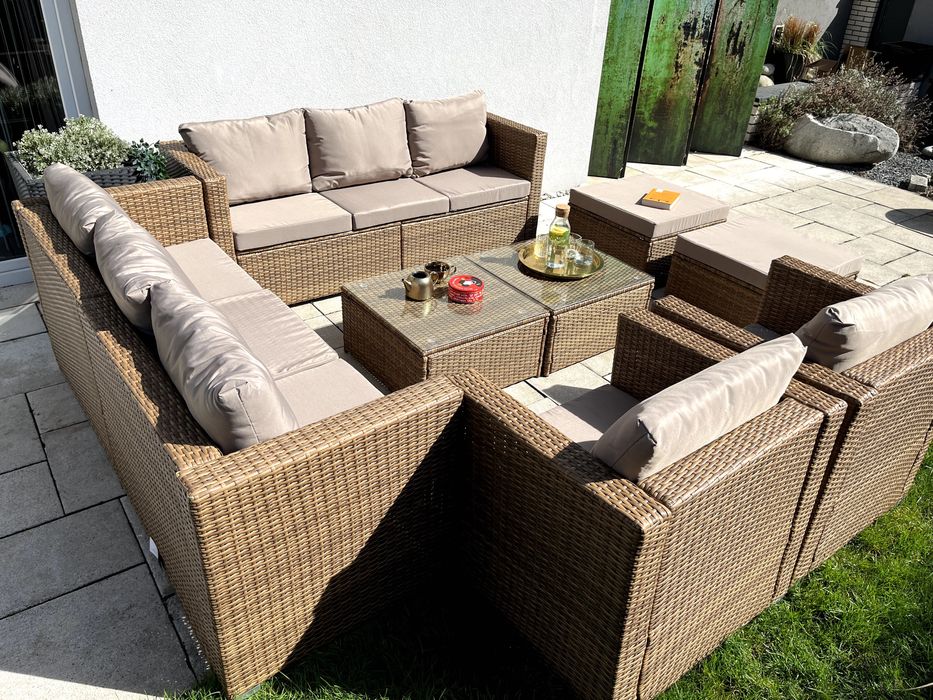 (TM) BORNEO XXL zestaw technorattan beżowoszary sofa fotel pufa