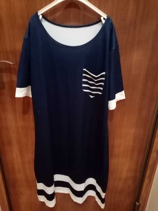 vestido em algodão,meia manga,azul escuro com riscas brancas