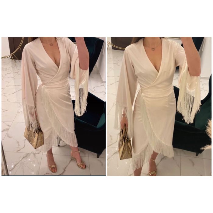 Nasty gal satynowa kopertowa sukienka midi frędzle s 36