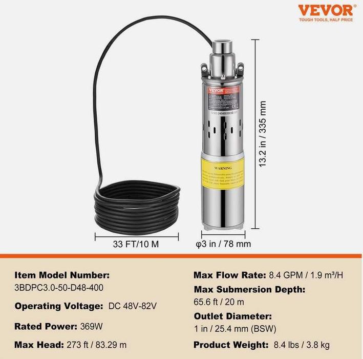 Bomba de Agua Submersivel Solar 48V 369W 1900L/H