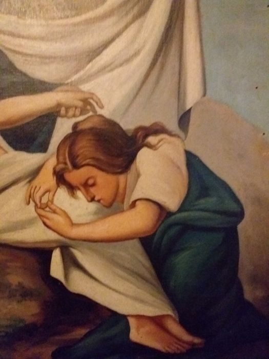 Grande quadro em tela com pintura religiosa