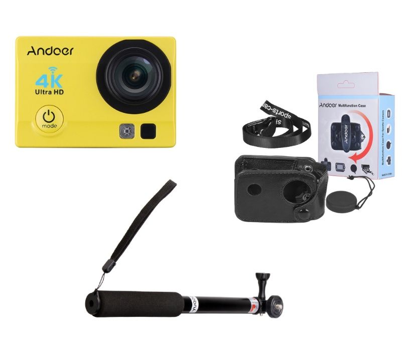 Andoer câmara de acção, bolsa e bastão extensível