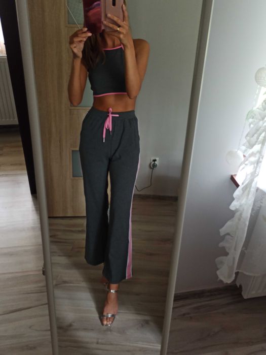Dres damski lampasy spodnie top wiązanie sport szary