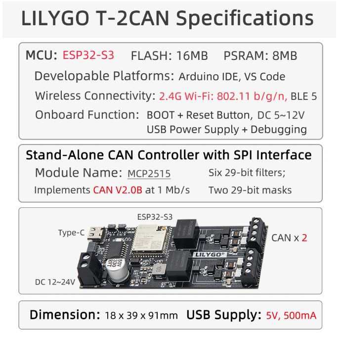 LILYGO T-2CAN ESP32-S3 CAN SPl 16 МБ FLASH/8 МБ +WiFi модуль