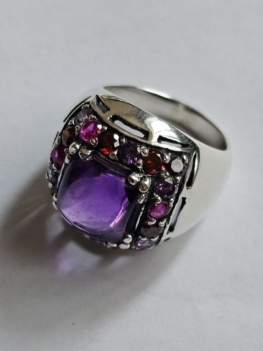 Перстень серебро с аметистами, гранатами, рубинами