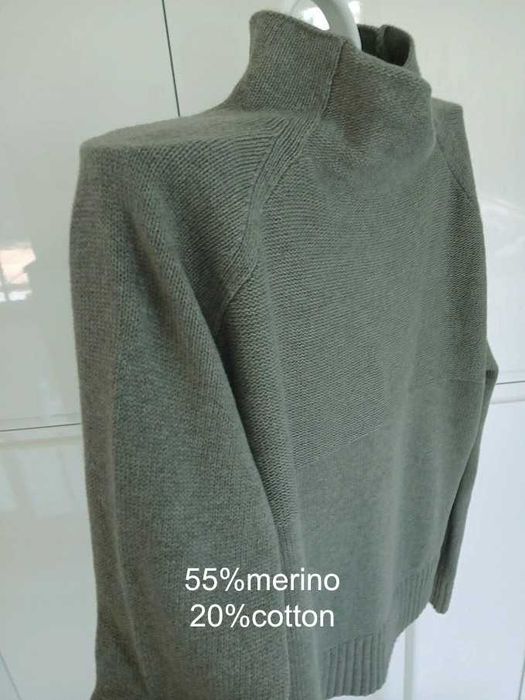 Malene Birger 55% merino bawełna golf szałwia luksusowy M L