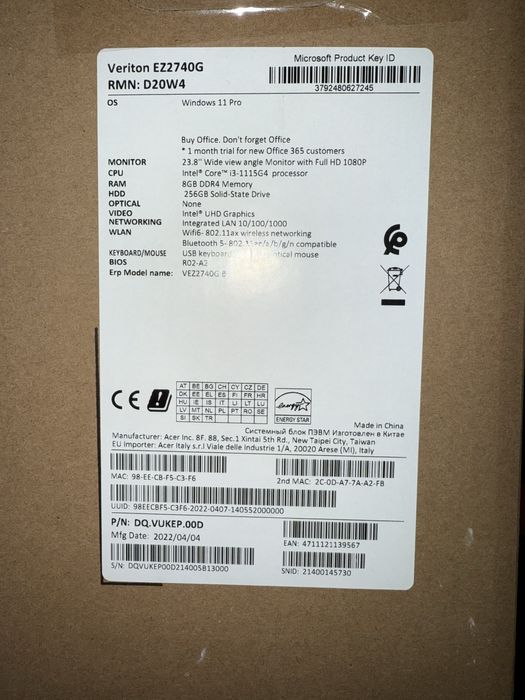 ALL in One ACER VERITON EZ2740G I3-1115G4 256GB 8GB 24 WIN11