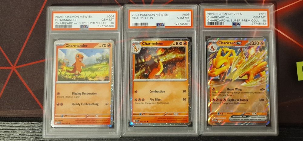 Zestaw kart pokemon Charmander, Charmeleon, Charizard PSA 10 sekwencja!