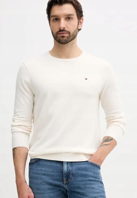 Tommy hilfiger kremowy sweter męski z logowaniem bawełniany m 17ca