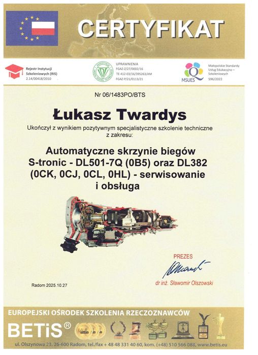 Skrzynia biegów S-Tronic DL501-7Q (0B5), DL382 (0CK, 0CJ, 0CL, 0HL)