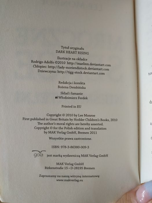 Książka ,,Mroczne serce " Lee Monroe. Stan bardzo dobry/ dobry