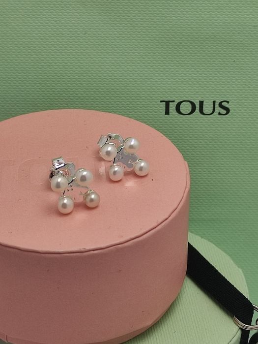 Kolczyki srebrne z misiem i perłą naturalną