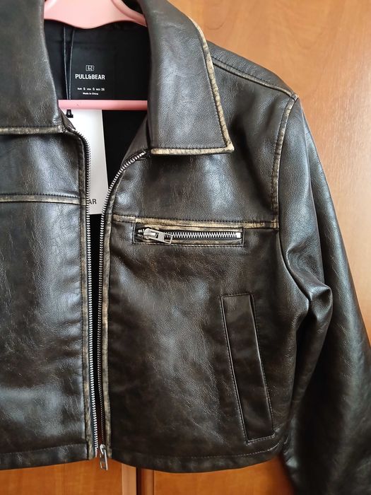 Casaco cabedal castanho Pull&Bear mulher Jaqueta curta polipele blusao biker motard