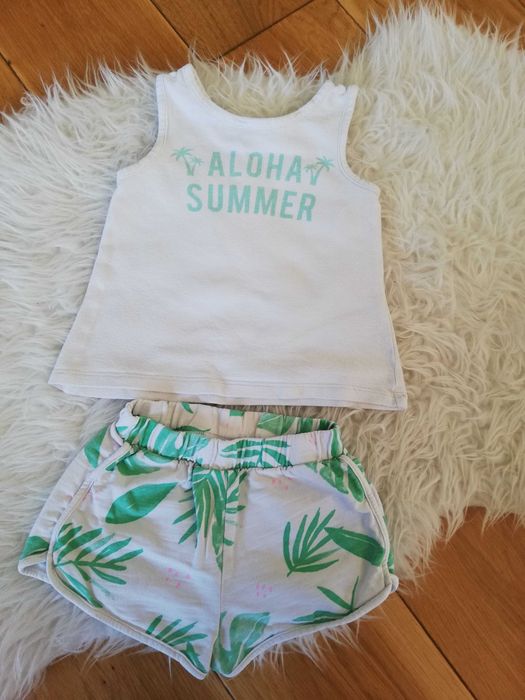 ZARA komplet biało zielony liście top + spodenki r. 86 cm 12-18m.