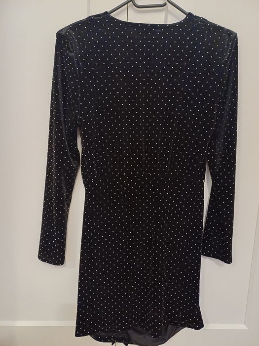 Czarna sukienka Zara L 40 mini cyrkonie marszczenia imprezowa