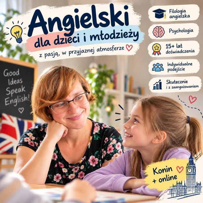 Angielski dla dzieci i młodzieży | 15 lat doświadczenia | Konin / online