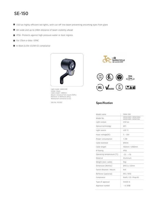 LITEMOVE SE-150 Farol Dianteiro Bicicleta E-Bike