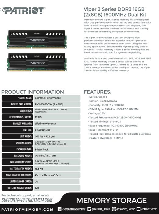 32GB RAM DDR3 Patriot Viper 1600MHz (2x16GB) CL9 – Excelente estado