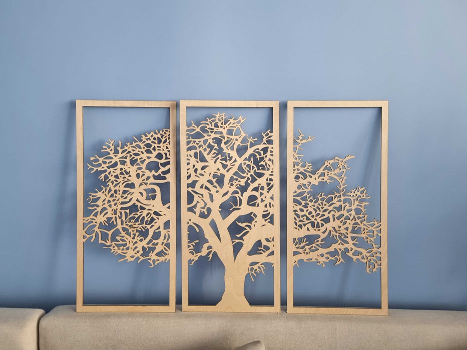 Tryptyk obraz wypalany w drewnie drzewo las