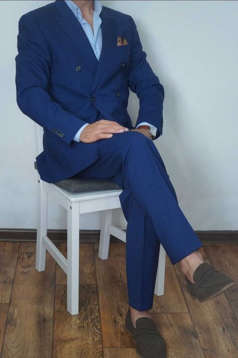 Nowy Tommy Hilfiger 50 Granatowy Garnitur Dwurzędowy Tailored Wełna Premium Elegancki