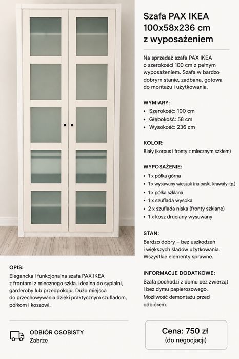 Szafa pax ikea z wyposażeniem
