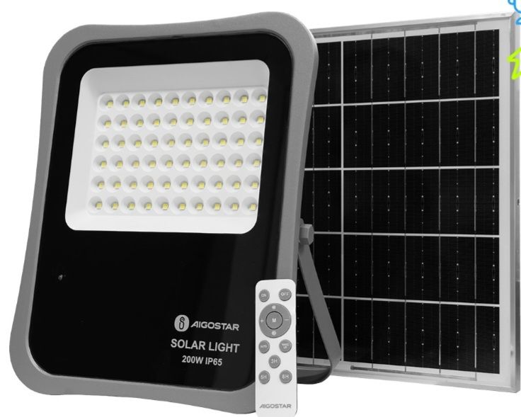 Kit Projector LED 200W Branco F. 6000K c/ Sensor + Painel Solar (IP65)